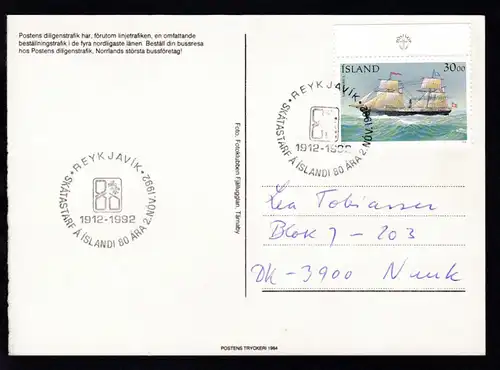 Sonderstempel REYKJAVIK 1912-1992 SKATASTARF A ISLANDI 80 ARA 2. NOV. 1992