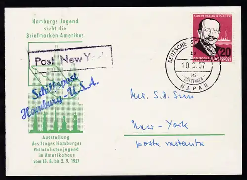 DEUTSCHE SCHIFFSPOST HAPAG ba MS "GÖTTINGEN" 10.9.57 auf Postkarte