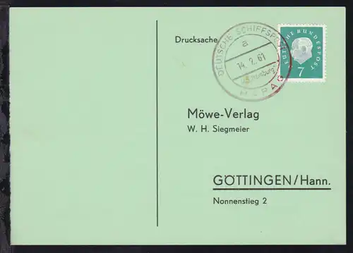 DEUTSCHE SCHIFFSPOST HAPAG a MS "Hamburg" 14.2.61 auf Postkarte