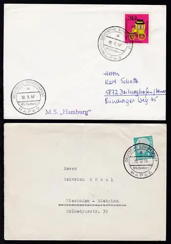 DEUTSCHE SCHIFFSPOST HAPAG a MS "Hamburg" 28.12.55 bzw. 12.2.67 auf 2 Briefen, 