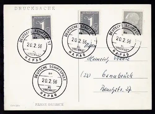 DEUTSCHE SCHIFFSPOST HAPAG ae MS "SPREEWALD" 20.2.56 auf Postkarte