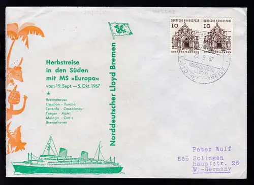 DEUTSCHE SCHIFFSPOST MS EUROPA NORDDEUTSCHER LLOYD LLOYD HERBSTREISE 23.9.67