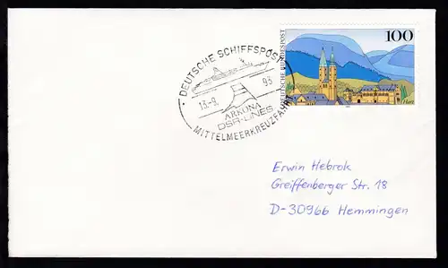 DEUTSCHE SCHIFFSPOST ARKONA DSR-LINES MITTELMEERKREUZFAHRT 13.9.93 auf Brief