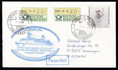 DEUTSCHE SCHIFFSPOST MS BERLIN REEDEREI DEILMANN a KREUZFAHRTEN 11.07.88 +