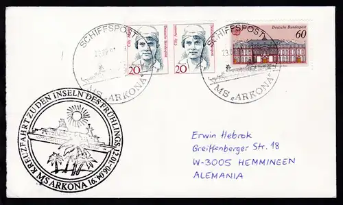 SCHIFFSPOST MS "ARKONA" 23.02.91 + Cachet Kreuzfahrt zu den Inseln des Frühlings