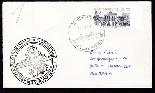 SCHIFFSPOST MS "ARKONA" 23.02.91 + Cachet Kreuzfahrt zu den Inseln des Frühlings