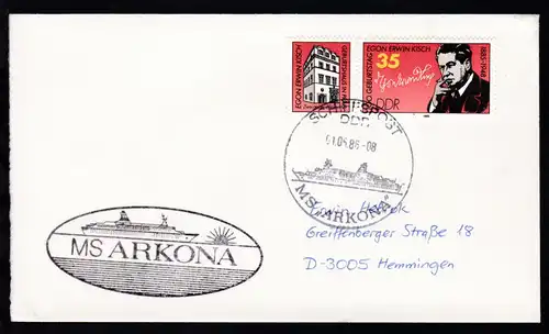 SCHIFFSPOST DDR MS "ARKONA" 01.05.86 + Cachet auf Brief