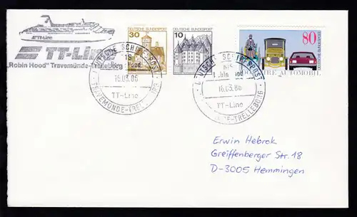 DEUTSCHE SCHIFFSPOST MS Robin Hood TT-Line TRAVEMÜNDE-TRELLEBORG 16.03.86 + 