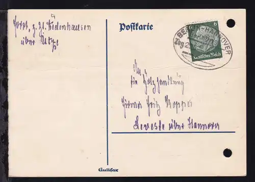 BERLIN-HANNOVER BAHNPOST Zug 225 28.9.38 auf Postkarte, Karte Aktenlochung