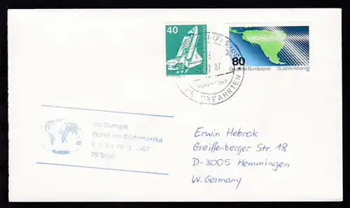DEUTSCHE SCHIFFSPOST ms Europa Hapag-Lloyd KREUZFAHRTEN 9.2.87 + Cachet