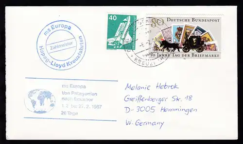 DEUTSCHE SCHIFFSPOST ms Europa Hapag-Lloyd KREUZFAHRTEN 6.2.87 + Cachet 