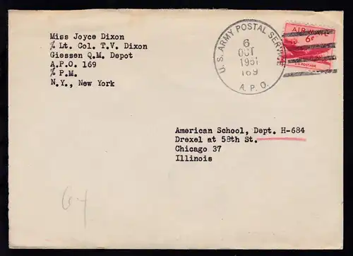 U.S. ARMY POSTAL SERVICE 169 6 OCT 1951 auf Brief nach Chicago