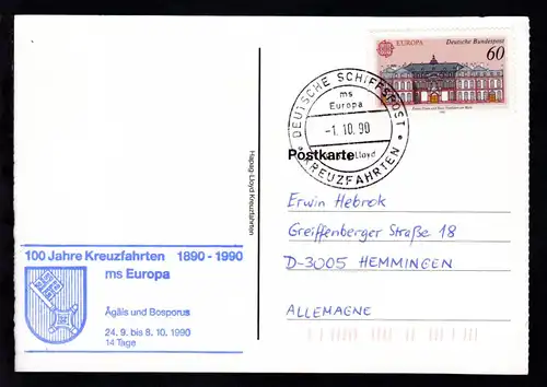 DEUTSCHE SCHIFFSPOST ms Europa hapag-Lloyd KREUZFAHRTEN 1.10.90 + Cachet