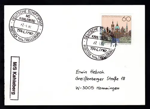 DEUTSCHE SCHIFFSPOST MS KAHLEBERG TR-Line ROSTOCK-TRELLEBORG 27.1.92 +  R1