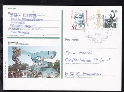 DEUTSCHE SCHIFFSPOST FS RÜGEN DFO SASSNITZ-RÖNNE 25.10.93 + Cachet auf Ganzsache
