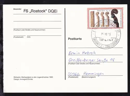 DEUTSCHE SCHIFFSPOST FS ROSTOCK TS-LINE SASSNITZ-TRELLEBORG 25.10.93 + L1 