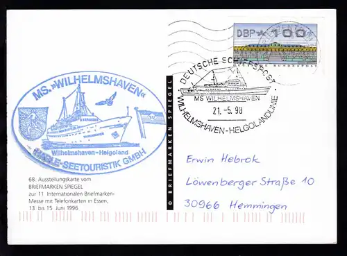 DEUTSCHE SCHIFFSPOST MS WILHELMSHAVEN WILHELMSHAVEN-HELGOLANDLINIE 21.5.98 + 