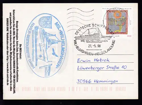 DEUTSCHE SCHIFFSPOST MS WILHELMSHAVEN WILHELMSHAVEN-HELGOLANDLINIE 21.5.98 + 