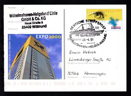 DEUTSCHE SCHIFFSPOST MS WILHELMSHAVEN WILHELMSHAVEN-HELGOLANDLINIE 29.4.01 