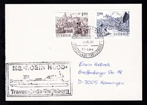 DEUTSCHE SCHIFFSPOST MS Robin Hood TT-Line TRAVEMÜNDE-TRELLEBORG 26.05.90 + 