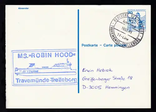 DEUTSCHE SCHIFFSPOST MS Robin Hood TT-Line TRAVEMÜNDE-TRELLEBORG 19.02.89 +