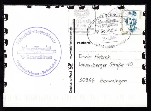 DEUTSCHE SCHIFFSPOST FS DEUTSCHLAND Scandlines PUTTGARDEN-RÖDBY 25.4.2003 +