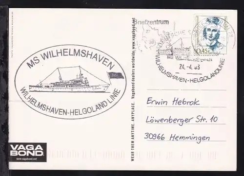 DEUTSCHE SCHIFFSPOST MS WILHELMSHAVEN WILHELMSHAVEN-HELGOLANDLINIE 24.4.03 + 