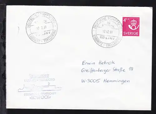 DEUTSCHE SCHIFFSPOST FS ROSTOCK TS-LINE SASSNITZ-TRELLEBORG 17.12.91 + 