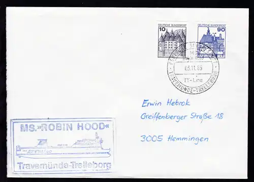 DEUTSCHE SCHIFFSPOST MS Robin Hood TT-Line TRAVEMÜNDE-TRELLEBORG 03.11.89 + 