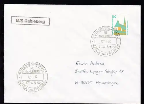DEUTSCHE SCHIFFSPOST MS KAHLEBERG TR-Line ROSTOCK-TRELLEBORG 12.11.92 + R1 