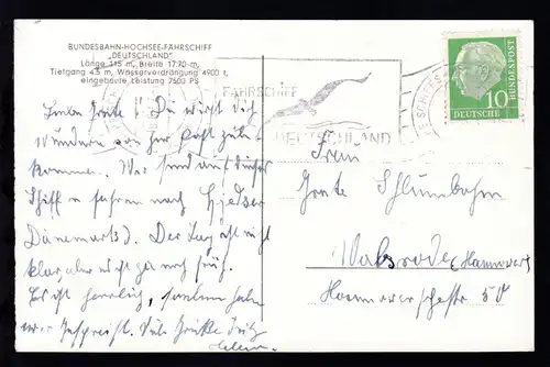 DEUTSCHE SCHIFFSPOST GROSSENBRODE-GEDSER 19.6.57 FÄHRSCHIFF DEUTSCHLAND