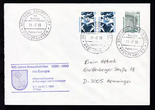 DEUTSCHE SCHIFFSPOST ms Europa Hapag-Lloyd KREUZFAHRTEN 11.7.90 + Cachet