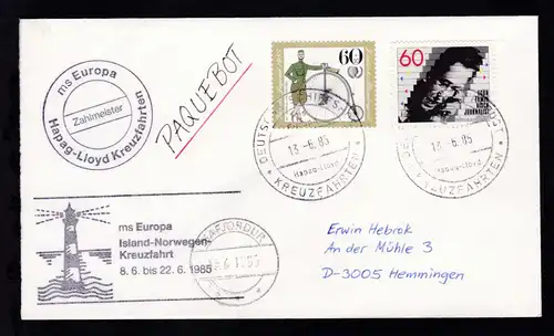 DEUTSCHE SCHIFFSPOST ms Europa Hapag-Lloyd KREUZFAHRTEN 13.6.85 + Cachet 