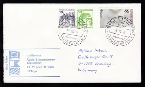 DEUTSCHE SCHIFFSPOST ms Europa Hapag-Lloyd KREUZFAHRTEN 29.10.86 + Cachet 