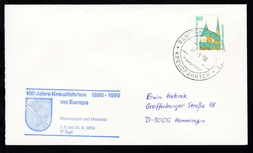 DEUTSCHE SCHIFFSPOST ms Europa Hapag-Lloyd KREUZFAHRTEN 14.9.90 + Cachet 