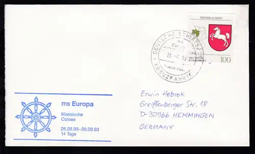 DEUTSCHE SCHIFFSPOST ms Europa Hapag-Lloyd KREUZFAHRTEN 28.8.93 + Cachet 