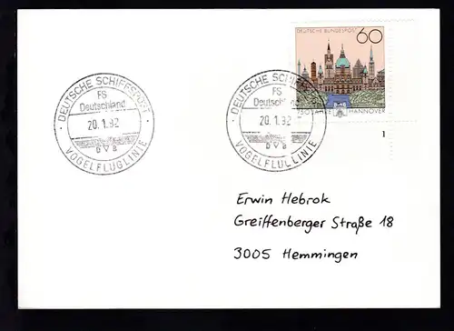 DEUTSCHE SCHIFFSPOST FS DEUTSCHLAND DB VOGELFLUGLINIE 20.1.92 auf Postkarte