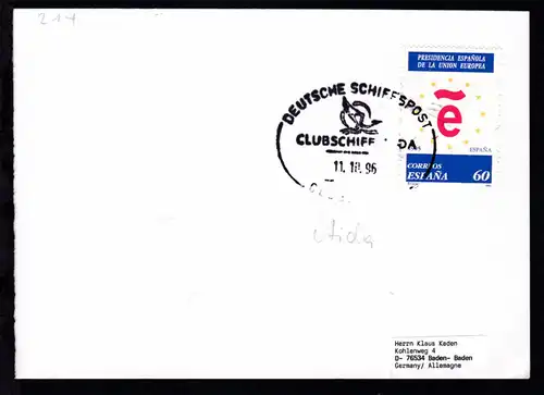 DEUTSCHE SCHIFFSPOST CLUBSCHIFF AIDA CLUBREISEN 11.1096 (üblicher Stempel) +