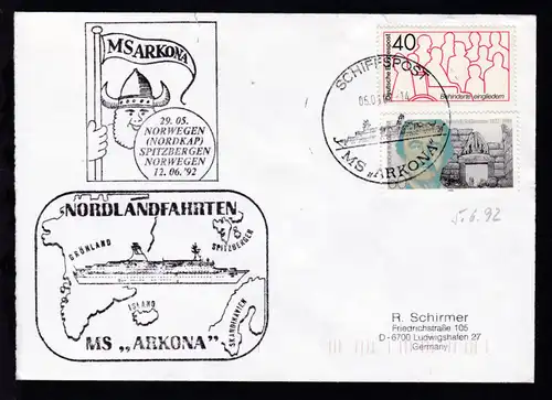 SCHIFFSPOST MS  "ARKONA" 05.06.92 + Cachet Nordlandfahrten auf Brief, 