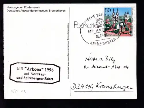 DEUTSCHE SCHIFFSPOST MS ARKONA KREUZFAHRTEN 05.08.96 + Cachet 