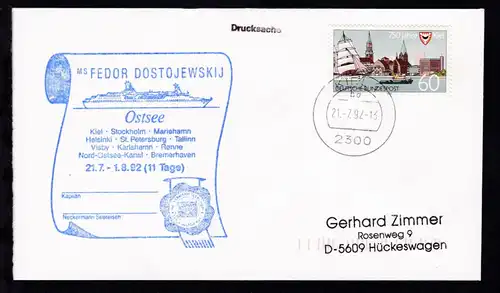 OSt. Kiel 21.7.92 + Cachet MS Fedor Dostojewski auf Brief
