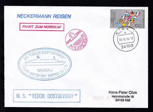 OSt. Kiel 10.6.94 + Cachet MS Fedor Dostojewski auf Brief