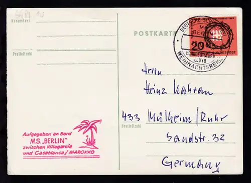 DEUTSCHE SCHIFFSPOST MS BERLIN NORDDEUTSCHER LLOYD WEIHNACHTSTREISE 27.12.63 