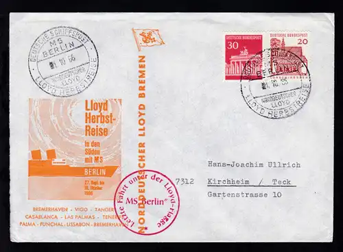 DEUTSCHE SCHIFFSPOST MS BERLIN NORDDEUTSCHER LLOYD LLOYD-HERBSTREISE 1.10.66  +