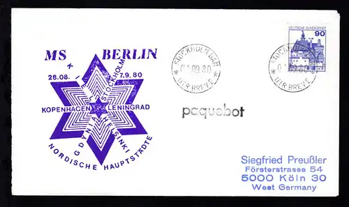 L1 paquebot + OSt. Stockholm 01.09.80 + Cachet MS Berlin Nordische Hauptstädte 