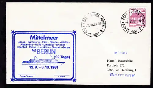OSt. Genua 7.10.81 + Cachet MS Berlin Mittelmeer auf Brief