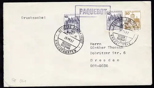 DEUTSCHE SCHIFFSPOST MS BERLIN REEDEREI DEILMANN a KREUZFAHRTEN 26.09.87 + rs 