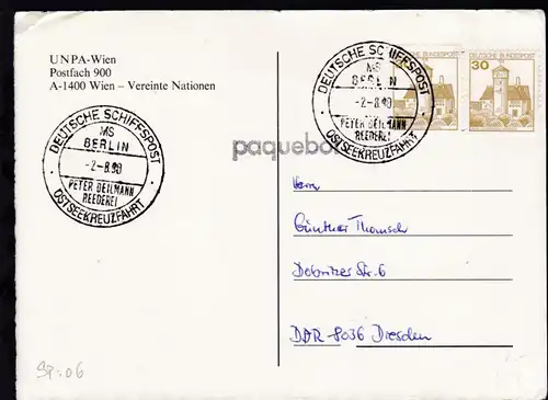 DEUTSCHE SCHIFFSPOST MS BERLIN PETER DEILMANN REEDEREI  OSTSEEKREUZFAHRT 2.8.90