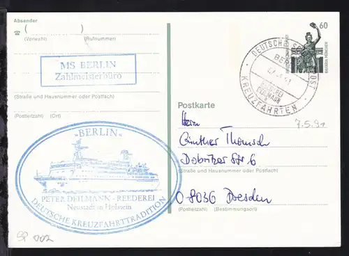 DEUTSCHE SCHIFFSPOST MS BERLIN REEDEREI DEILMANN a KREUZFAHRTEN 04.5.91 +  