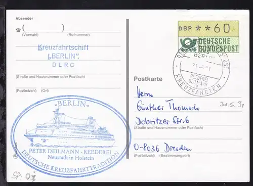 DEUTSCHE SCHIFFSPOST MS BERLIN REEDEREI DEILMANN a KREUZFAHRTEN 31.5.91 +  
